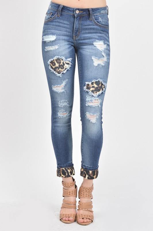 Kan Can, skinny jeans, patchwork jeans, denim, animal print detail, ankle jeans